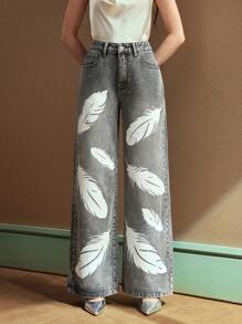 SHEIN BAE Jeans a vita bassa con stampa di piume, gamba dritta e morbida, casual e versatile per tutte le stagioni - Grigio - Visualizzare 3