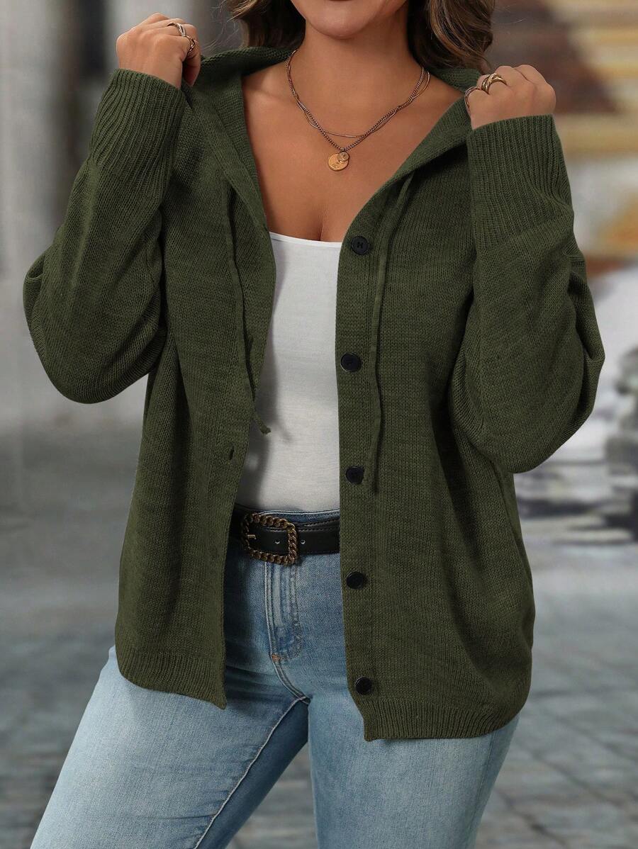 SHEIN LUNE 大码纯色简约日常连帽长袖针织毛衣