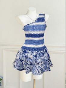 SHEIN Unity Women's Printed Ruffled Hem Bodycon Strapless Vacation Dress - Baby Blue - View 1
