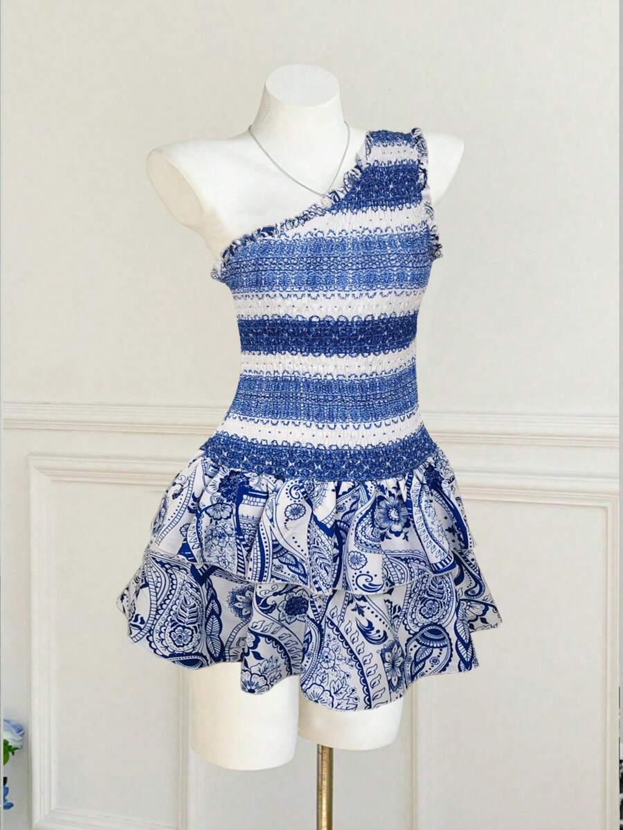 SHEIN Unity Women's Printed Ruffled Hem Bodycon Strapless Vacation Dress - Baby Blue - View 1