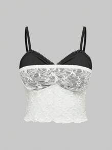 ROMWE Goth 哥特式深色提花蕾丝吊带短裤睡衣套装，透明 - 黑與白 - 查看 3