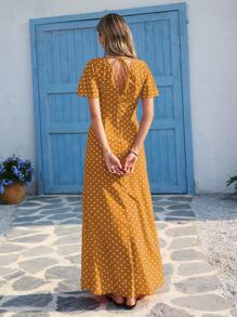 Vivid Eden 波浪纹 V 领短袖修身女装 春夏装、夏装、情人节、女士度假装、女士沙滩装、节日、浪漫优雅服装、波西米亚风、波西米亚风、甜美风、狂欢节装扮、热带度假女装、狂欢节 - 黃色 - 查看 2