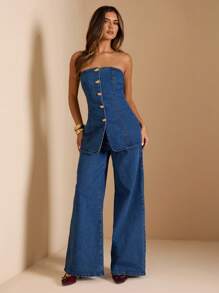 SHEIN BAE 女士牛仔两件套服装 - 中等水洗藍 - 查看 6