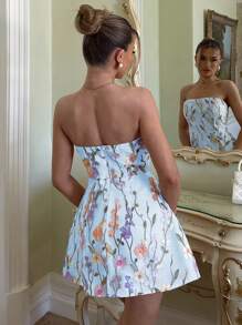 Glamine Charm 优雅花卉刺绣纯色紧身迷你连衣裙，适合花园派对、宴会、浪漫约会、女孩茶会、春夏派对服装女士连衣裙生日茶会服装秋季女装返校 - 淺藍色 - 查看 2