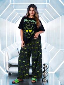 Rick and Morty X SHEIN Set pigiama oversize con stampa a cartoni animati, composto da top a maniche corte e pantaloni lunghi - nero - Visualizzare 1