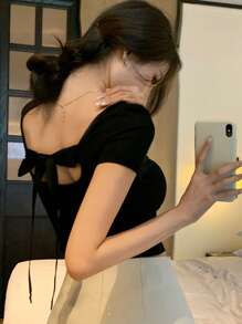 DAZY Women's Summer Backless Tie Strap Bow Sexy Casual Black T-Shirt,Crop Tops Women