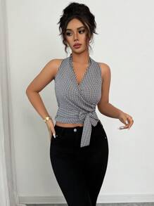 Elenzga Áo sơ mi không tay in họa tiết caro giản dị dành cho nữ, mùa hè - Đen và trắng - Xem 3