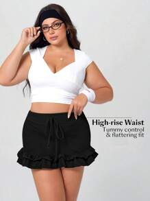 Flexra Minifalda de mezclilla de punto con volantes, elástica y de talla grande - Negro - Ver 5