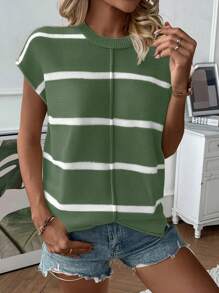 Calvaya Women's Casual Loose Round Neck Drop Shoulder Sleeveless Knitted Vest, Fashion Striped Patchwork Pullover Sweater Tank Top For Autumn/Winter