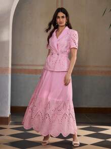 ZEYLAH Lace Patchwork Flax Elegant Spring & Summer Vacation Vibe Short Sleeve Dress Set - Pink - View 4