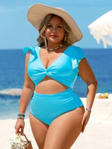 SHEIN Swim Curve 大码女式夏季纯色面料扭纹前交叉设计荷叶边褶皱遮肚露背连体泳衣 - 彩色 - 查看 6