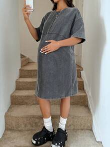 SHEIN Effen kleur zwangerschapsjurk met ronde hals en verlaagde schouders, casual zomerjurk met slijtage