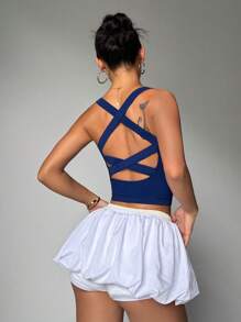 Easithlete 女士纯色交叉带运动T恤和背心 - 藏蓝色 - 查看 7