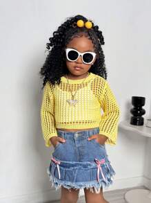 Cream Yellow Hollow Out Cover Up For Young Girl, Cute Casual & Comfortable, Suitable For Beach Vacation, Casual Outing, Home Gathering, Versatile