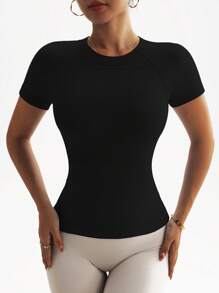 Easithlete Women Solid Color Casual Round Neck Short Sleeve Activewear T-Shirt Compression Shirt Fitted Shirt - Black - View 3