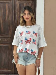 SHEIN LUNE Camiseta de manga corta de talla grande con impresión de bandera, lazo y estrella de los Estados Unidos de América para el Día de la Independencia, verano - Blanco - Ver 3