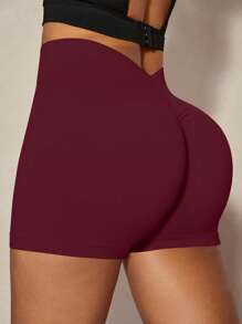 Easithlete 女士运动短裤，褶皱腰设计，性感提拉，瑜伽健身，弹力舒适健身短裤 - 酒紅色 - 查看 7