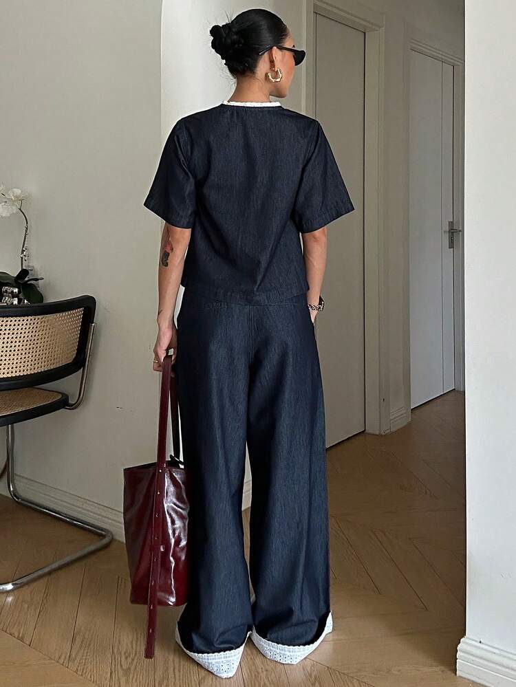 Women Casual Fashion Single-Breasted Denim Shirt And Loose Wide-Leg Jeans Set