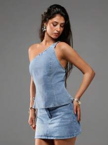 Avantive Women's Denim Slant Shoulder Design Commuting Denim Top - Light Wash - View 5