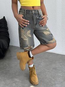 Tween Girls Y2K 复古水洗破洞休闲宽松牛仔裤长短裤，适合春夏海滩度假节日服装、美国独立日服装、毕业派对牛仔短裤、返校街头服装 - 中等水洗藍 - 查看 3