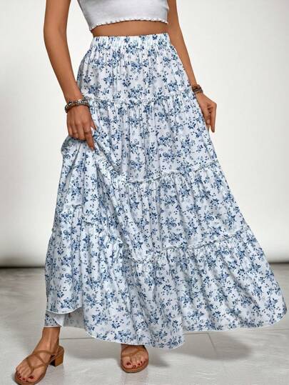 SHEIN VCAY Plus Size Vacation Leisure Small Ditsy Floral Long Skirt
