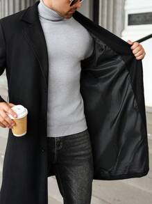 Manfinity Homme Plus Size Men Solid Color Lapel Neck Single Breasted Overcoat, Men's Black Coat, For Fall Winter