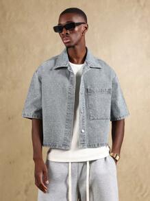 SUMWON 闪光效果短袖牛仔衬衫宽松剪裁休闲纽扣领复古风格春夏街头时尚夹克