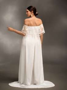 SHEIN 孕妇摄影蕾丝流苏装饰单肩长裙，洗礼派对 - 白色 - 查看 2