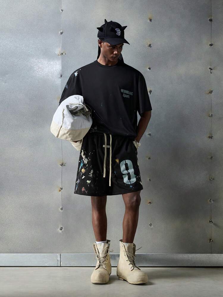 Men's Black Street Style Letter Printed Knit Shorts, Suitable For Summer