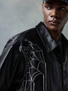 NEON BLANC 男士街头时尚皮革蜘蛛刺绣短袖衬衫，适合夏季 - 黑色 - 查看 4