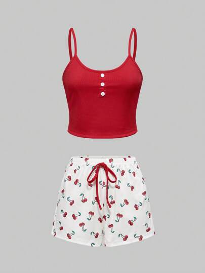 Cherry Pattern Camisole & Shorts Pajama Set, Ribbed Fabric Casual Lounge Sleepwear