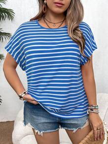 SHEIN VCAY Plus Size Vacation Rainbow Striped Short Sleeve Round Neck T-Shirt