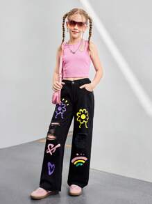 Tween Girls Casual Fashion Colorful Flower & Heart Print Mid Waist Loose Straight Leg Ripped Distressed Jeans, Stylish & Cool Street Style