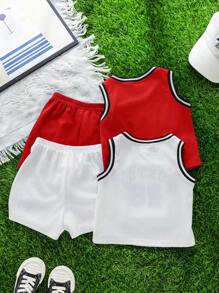 SHEIN Set de 4 piezas de ropa de verano informal para niño bebé que incluye camiseta de baloncesto con estampado y shorts