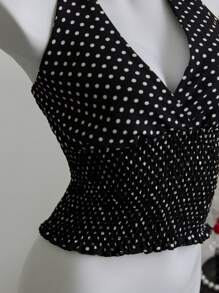 Elamini Women's Fashion Sexy Polka Dot Tie Halter Neck Top , Suitable For Vacation - Black - View 4
