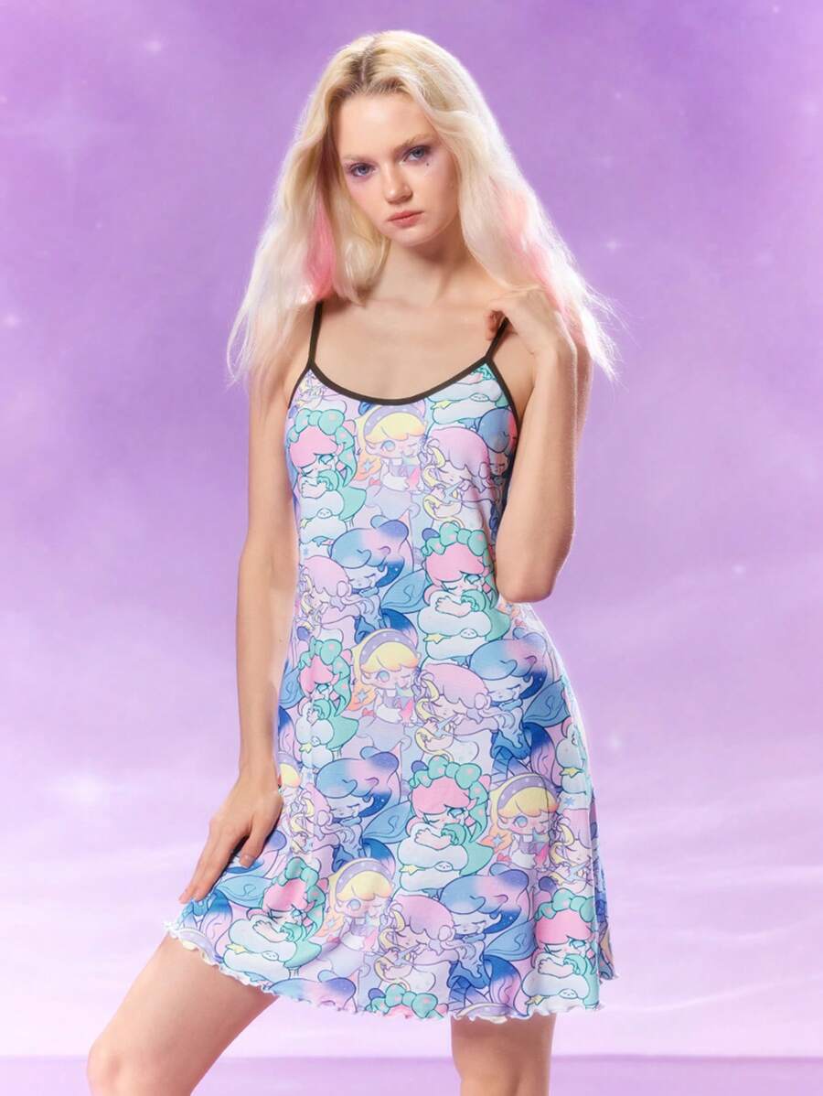Pop Mart Azura X SHEIN Adorable Women's Mini Knitted Pajama Dress Featuring Kawaii Character Print. This Cute Spaghetti Strap Nightgown With Contrast Trim Offers Ultimate Comfort For Lounging And Sleep.