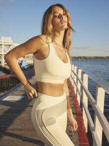 Aralina Leisurewear V Neck Crop Active Workout Top With Contrast Pipping Detail - Apricot - View 4