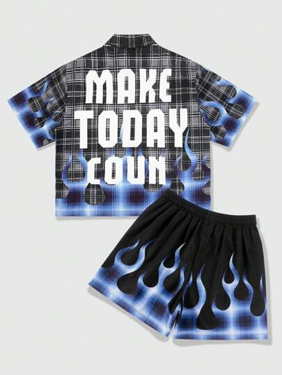 Prep Men's Summer Street Slogan Number Check Print Short Sleeve Shirt And Shorts Set