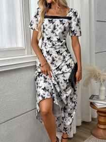 SHEIN LUNE Women's Square Collar Butterfly Print Dress