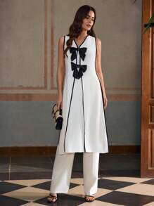 ZEYLAH Kontrastfarbige Blockbogen-Dekor Seitenschlitz Extra Lange Bluse Top, Sommer