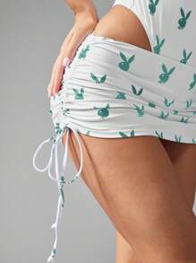 Missguided x Playboy MISSGUIDED Costume da bagno con minigonna, con stampa di coniglio e arricciature, per coprire il costume da bagno, protezione solare, spiaggia, piscina, festa estivi, vacanze, usura da resort