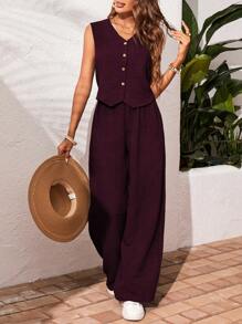SHEIN Frenchy 1 Set Maglietta senza maniche con scollo a V e bottoni anteriori e Pantaloni lunghi casual, completo da 2 pezzi
