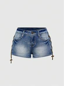 ROMWE Avant Gal Style Distressed Vintage Washed Cross Metal Side Decor Low Waist Mini Shorts - Blue - View 3