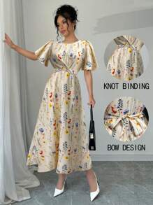 Chiquease 女式不对称印花扭结系带休闲连衣裙，扭结系带海滩度假连衣裙 - 杏色 - 查看 1