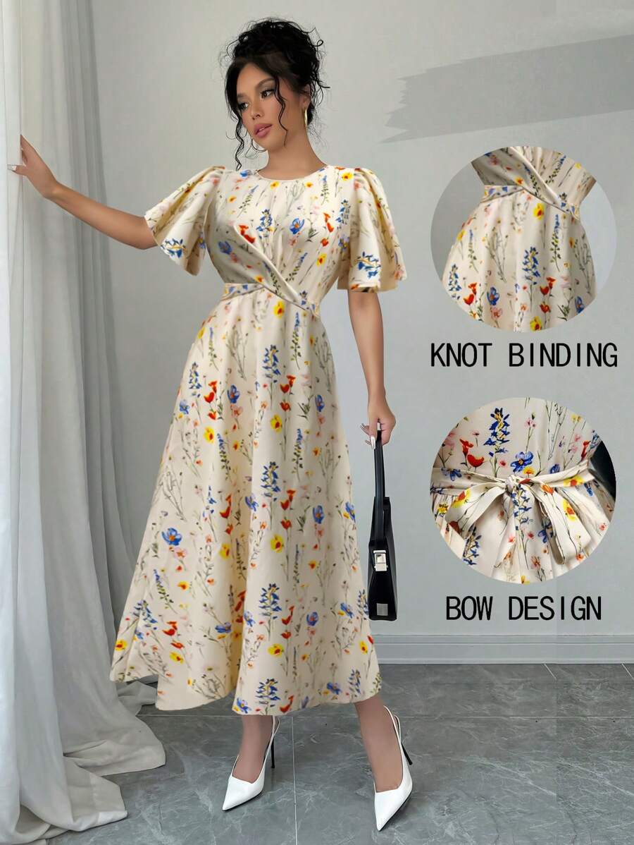 Chiquease 女式不对称印花扭结系带休闲连衣裙，扭结系带海滩度假连衣裙 - 杏色 - 查看 1