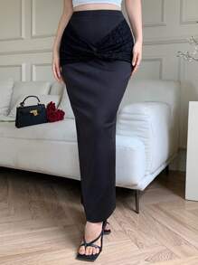 Modelyn 女士蕾丝拼布结饰侧开衩裙 - 黑色 - 查看 4