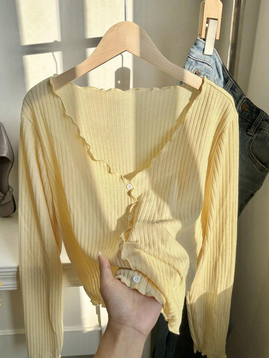 Comfortcana Camiseta de manga larga con un solo pecho acanalada de unicolor para mujer de talla grande - Amarillo - Ver 1
