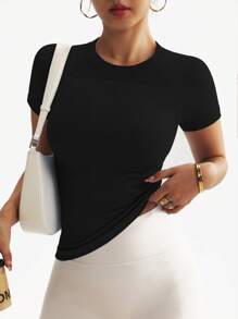 Easithlete Women Solid Color Casual Round Neck Short Sleeve Activewear T-Shirt Compression Shirt Fitted Shirt - Black - View 6