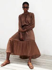 Aveloria Modichic 轻盈纯色透视长袖衬衫和系腰长裙女士夏季度假套装 - 咖啡棕 - 查看 5