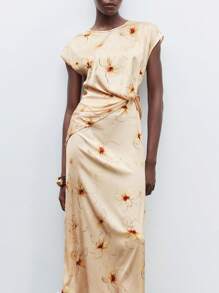 Maija 花卉印花扭纹缎面简约优雅中长款女士连衣裙，舒适百搭的秋季外套 - 彩色 - 查看 5